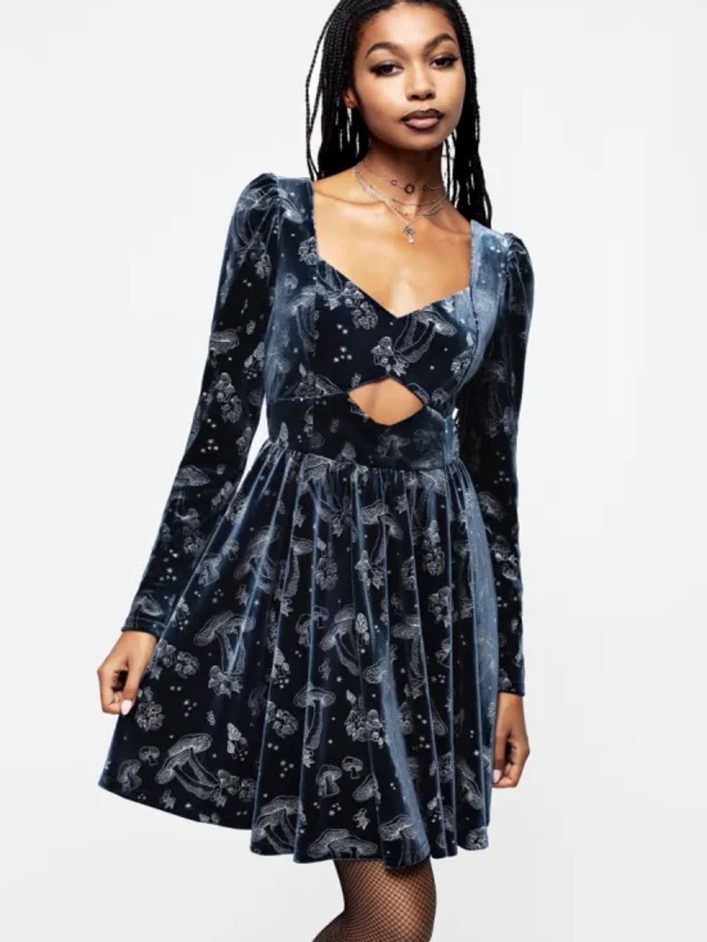 Disturbia Blue VelvetCelestial Cutout Long Sleeve Dress